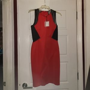 Bisou Bisou Michelle Bohbot red dress w/black sheer shoulders